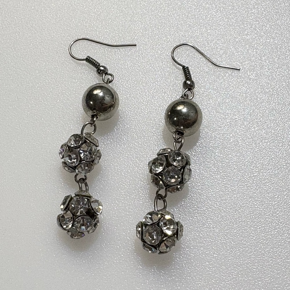 Silver Tone Hook Crystal Disco Ball Dangle Drop Earrings